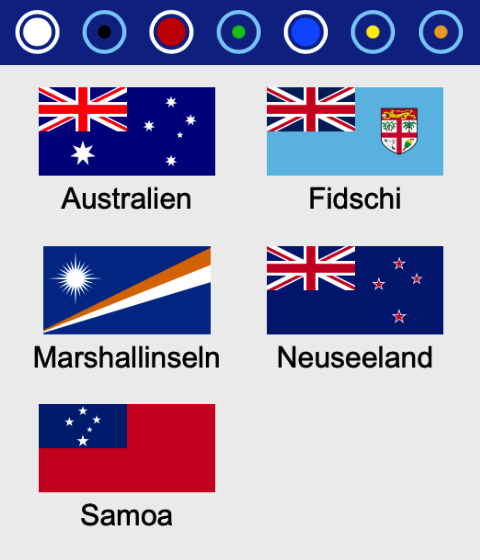 Flaggen aller Staaten Ozeaniens nach Farben sortiert